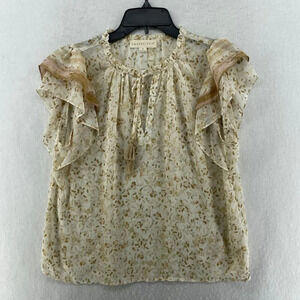 Lovestitch Blouse Womens S White Gold Floral Ruffle Sleeve Tie Neck Chiffon